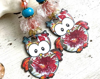 Artisan Enameled Owl Earrings Owl Jewelry Owl Lover Gifts Bird Earrings OOAK Earrings Artisan Jewelry Gifts for Women Colorful Earrings