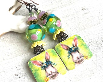 Artisan Decoupaged Porcelain Bunny Earrings Rabbit Earrings Garden Bunnies Spring Earrings OOAK Earrings Animal Earrings Gifts for Women