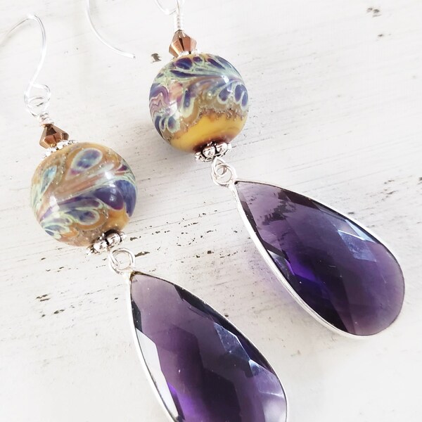 Artisan Lampwork Amethyst Sterling Silver Dangle Earrings