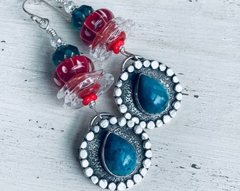 Artisan Sterling Silver Blue Apatite Earrings Lampwork Earrings Gemstone Earrings Boho Earrings Gifts for Women OOAK Earrings Gift Ideas