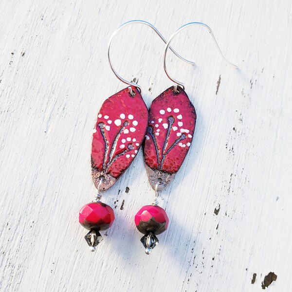 Artisan Enameled Copper Flower Earrings Red