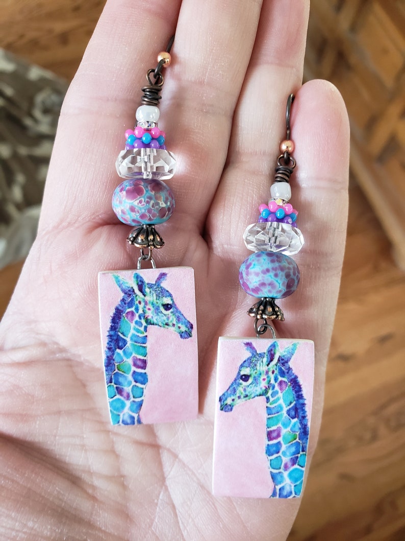 Artisan Decoupaged Porcelain Lampwork Giraffe Earrings OOAK