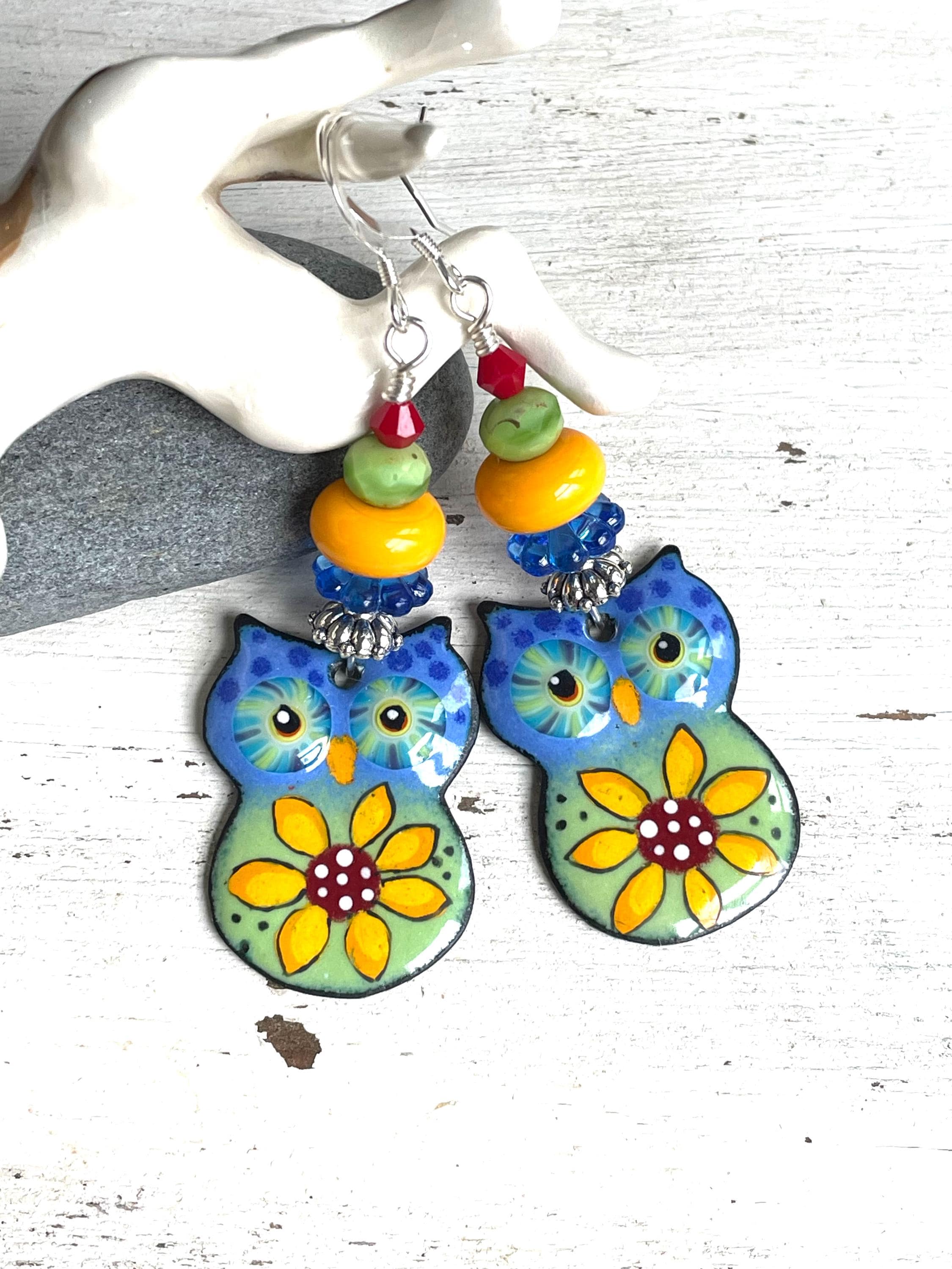 Artisan Enameled Owl Earrings: Sterling Silver Boho Flower Owls