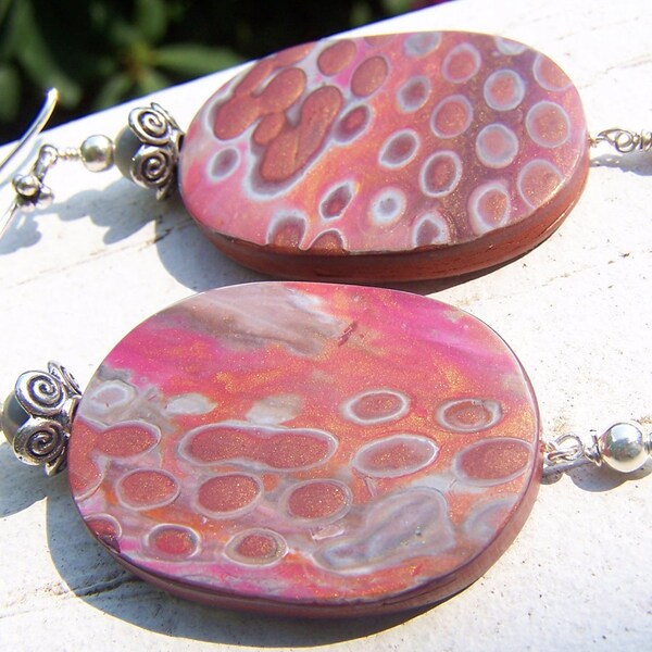 Pink Artisan Polymer Clay and Silver Oval Earrings