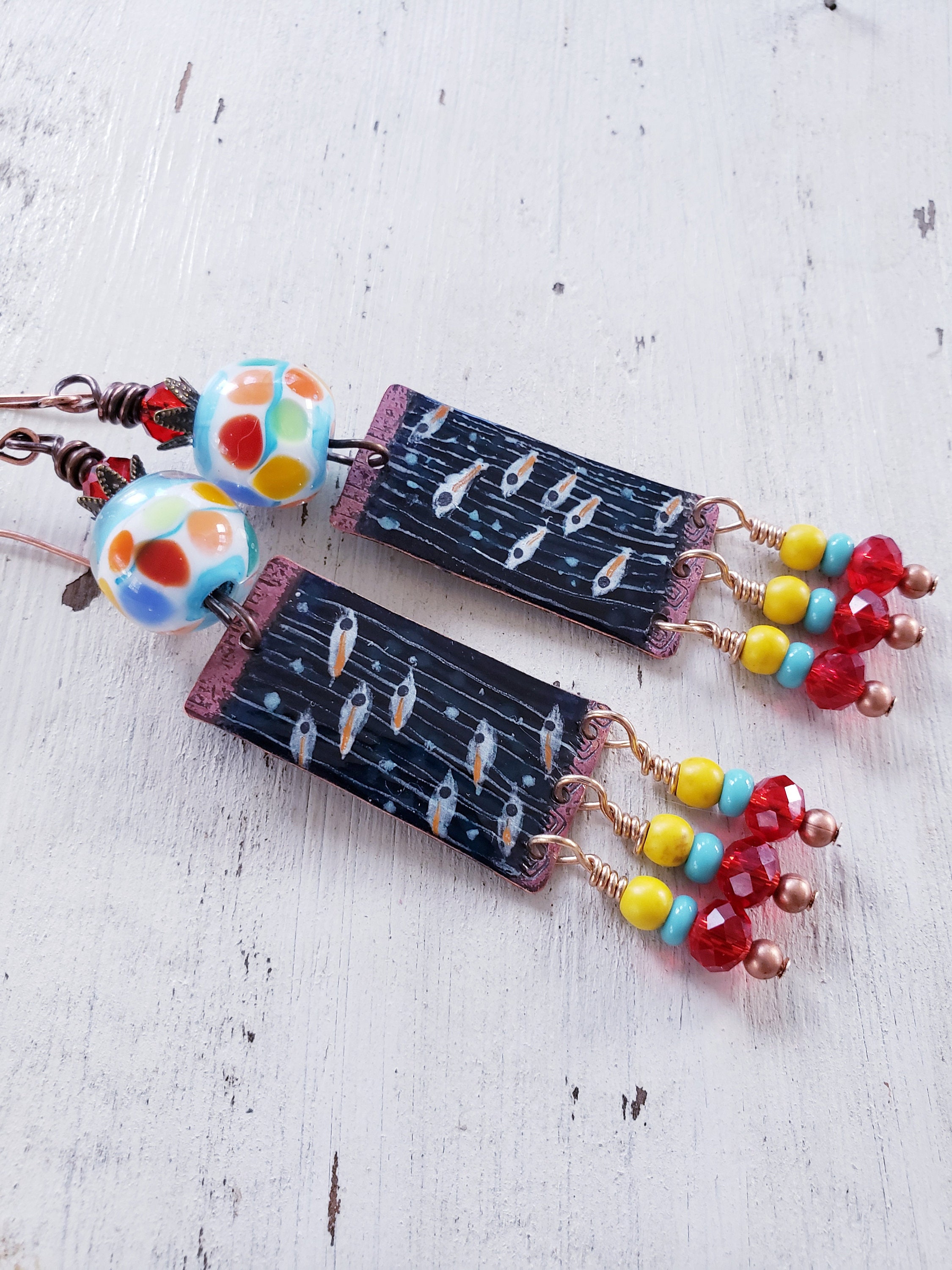 Artisan Enameled Copper Fish Earrings: Bohemian Dangle Jewelry