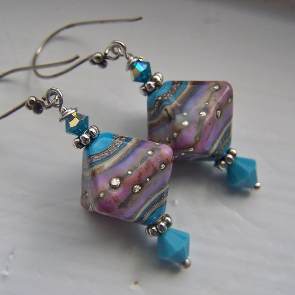 Lampwork Silver Earrings Southwest Style Purple Blue