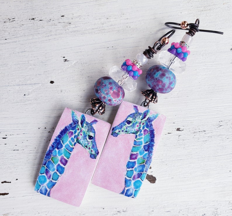 Artisan Decoupaged Porcelain Lampwork Giraffe Earrings OOAK