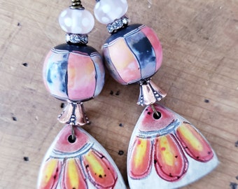 Artisan Ceramic Lampwork Flower Earrings OOAK