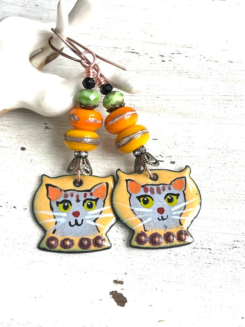 Artisan Enameled Cat Earrings Gray Cats Cat Lover Earrings OOAK Earrings Gifts for Women Sassy Cats Funny Cats Artisan Gifts Gift Ideas image 2