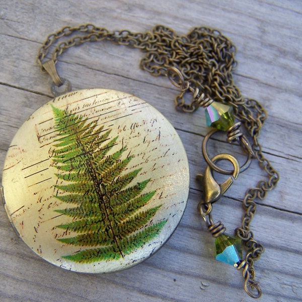Fern Locket Pendant Necklace Green Nature Brass Chain