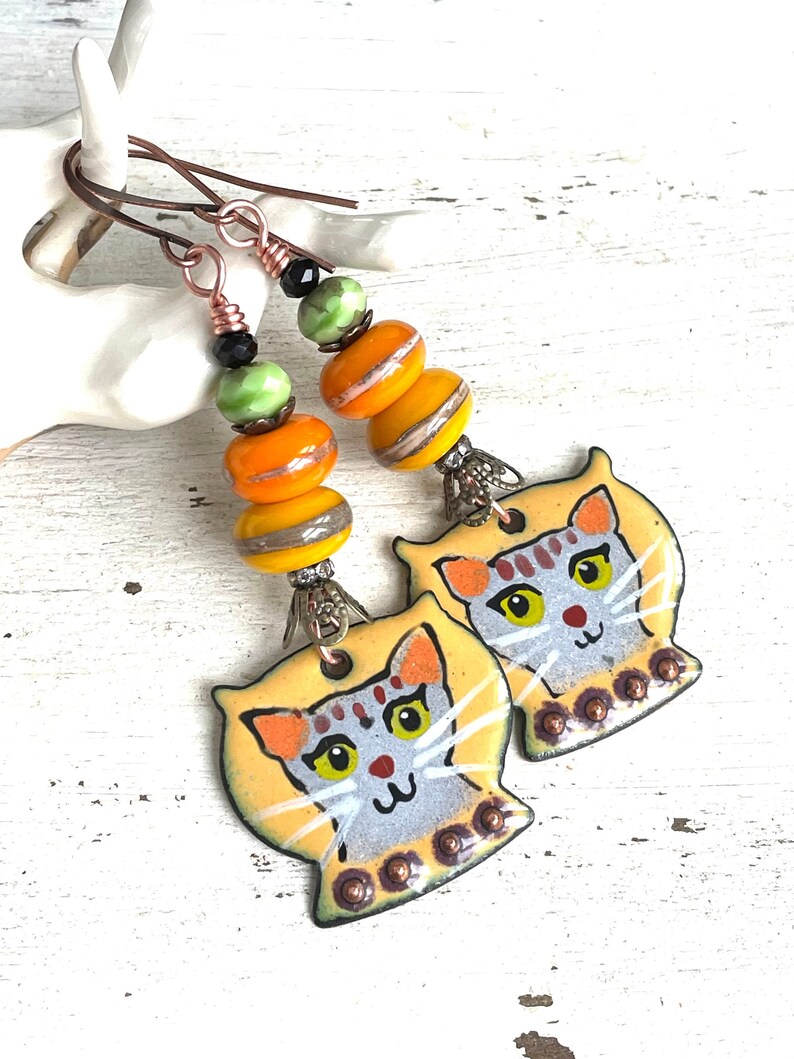 Artisan Enameled Cat Earrings Gray Cats Cat Lover Earrings OOAK Earrings Gifts for Women Sassy Cats Funny Cats Artisan Gifts Gift Ideas image 1