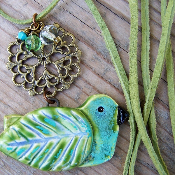 Ceramic Pottery Bird Brass Crystal Blue Green Necklace