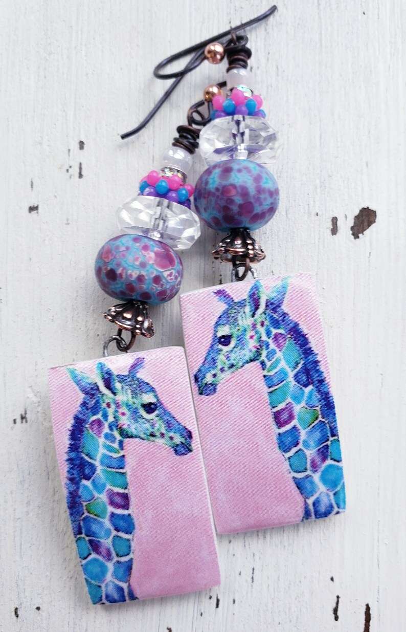 Artisan Decoupaged Porcelain Lampwork Giraffe Earrings OOAK