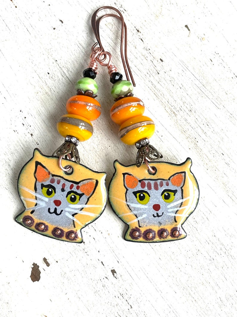 Artisan Enameled Cat Earrings Gray Cats Cat Lover Earrings OOAK Earrings Gifts for Women Sassy Cats Funny Cats Artisan Gifts Gift Ideas image 3