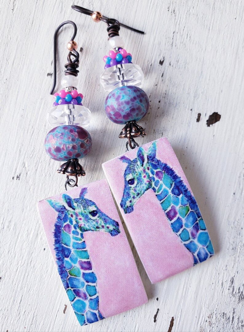 Artisan Decoupaged Porcelain Lampwork Giraffe Earrings OOAK