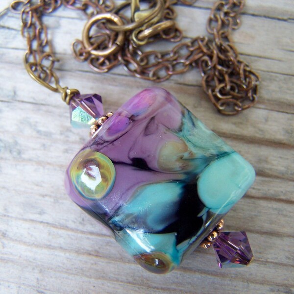 Lampwork Swarovski Brass Purple Blue Necklace