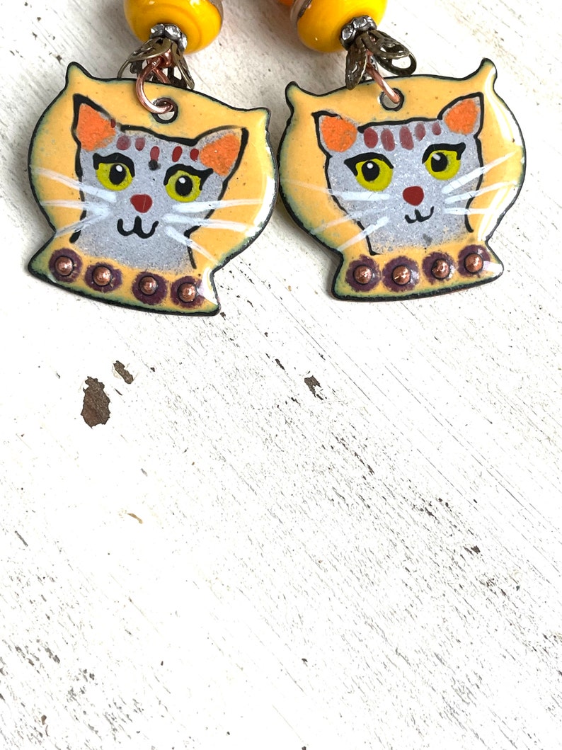 Artisan Enameled Cat Earrings Gray Cats Cat Lover Earrings OOAK Earrings Gifts for Women Sassy Cats Funny Cats Artisan Gifts Gift Ideas image 4