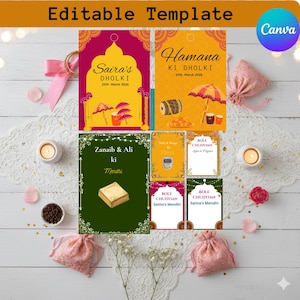 May include: A collection of invitation templates with text, including "Saira's DHOLKI" and "Hamana KI DHOLKI". The designs feature illustrations of umbrellas, drums, and other cultural elements. The image is set on a white lace surface.