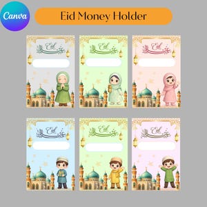 Może przedstawiać: Zestaw sześciu uchwytów na pieniądze Eid z akwarelowymi ilustracjami. Każda karta przedstawia meczet, postać dziecka i słowo "Eid" w piśmie arabskim. Tła są w pastelowych kolorach: szarym, zielonym, różowym, niebieskim i żółtym.