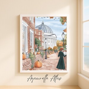 May include: Watercolor print of a brick building with a domed structure in the background. Pumpkins and skeleton decorations adorn a wall. A person in a dark coat reads a book. The text "Aquarelle Atlas" is at the bottom.
