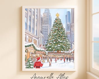 Rockefeller Center Christmas Tree Printable - Festive Watercolor Painting, Holiday Decor, Ice Skating Scene, Cozy New York Winter Art 146