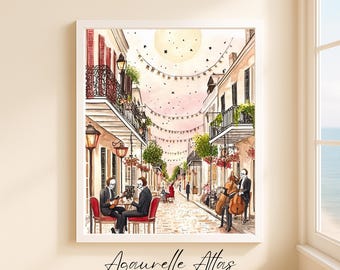 Puede incluir: Impresión en acuarela de una escena callejera con músicos y comensales. La obra presenta una luna llena, guirnaldas y el texto "Aquarelle Attas". Los edificios tienen balcones y contraventanas rojas. Una calle europea.