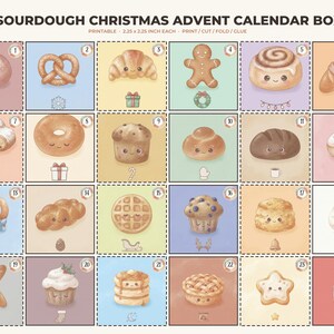 Könnte beinhalten: Ein Set aus 24 druckbaren Sauerteig-Weihnachts-Adventskalender-Boxen, jeweils 5,72 x 5,72 cm groß. Das Raster zeigt Illustrationen verschiedener Backwaren mit Gesichtern, darunter Brezeln, Croissants und Muffins, sowie kleine Weihnachtssymbole.