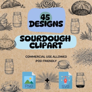 Könnte beinhalten: Eine digitale Sammlung von 45 Sauerteig-Clipart-Designs mit schwarzen Tuschezeichnungen von Brot, beschrifteten Gläsern und Weizenähren auf braunem Hintergrund. Der Text lautet 45 DESIGNS SOURDOUGH CLIPART, COMMERCIAL USE ALLOWED, POD FRIENDLY, PNG und SVG.