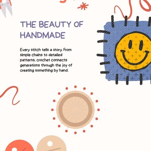 May include: An illustrated graphic promoting handmade crafts. Text reads "THE BEAUTY OF HANDMADE" and "Every stitch tells a story." The image features a smiley face patch, sewing tools, and decorative elements in a pastel colour scheme.