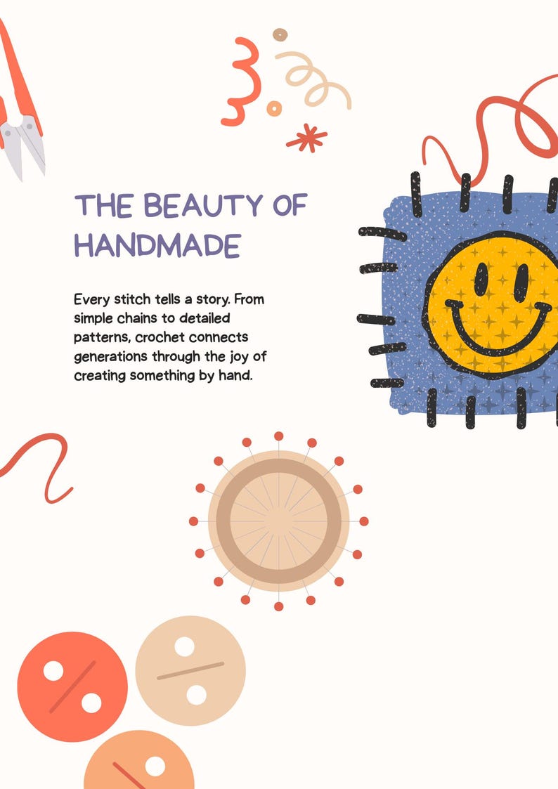 May include: An illustrated graphic promoting handmade crafts. Text reads "THE BEAUTY OF HANDMADE" and "Every stitch tells a story." The image features a smiley face patch, sewing tools, and decorative elements in a pastel colour scheme.