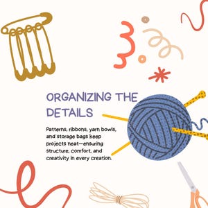 May include: An illustrated graphic with the text "ORGANIZING THE DETAILS" and images of craft supplies. Features a blue yarn ball, gold safety pins, orange scissors, and red and beige decorative elements. The text describes the benefits of organizing craft projects.