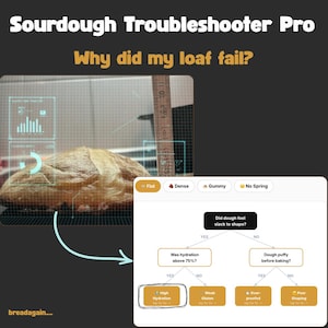 May include: Image featuring the text "Sourdough Troubleshooter Pro" and "Why did my loaf fail?" A loaf of bread is shown with a ruler next to it. A flowchart explains potential baking issues, including high hydration.