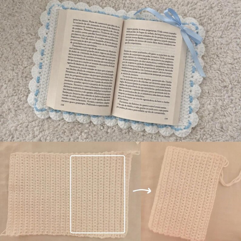 May include: An open book sits on a handmade, cream-coloured crochet book sleeve with a scalloped edge and light blue details. A light blue ribbon marks the page. The image also shows a close-up of the crochet texture.