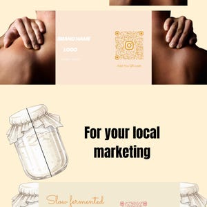 Peut inclure: Publicité avec le texte « Utilisez-le pour toute entreprise » et « Pour votre marketing local ». L'image comprend un code QR, un pot de levain et un graphique d'une miche de pain. Le texte « Fermentation lente fait avec amour » est également présent.