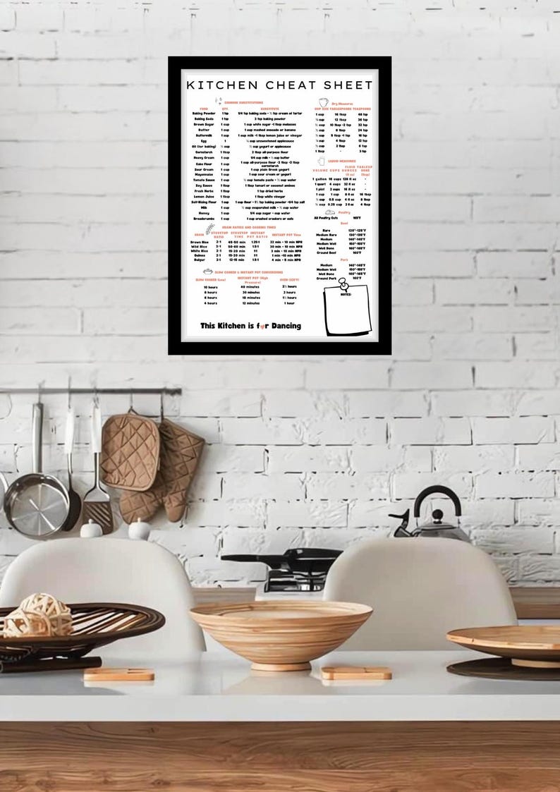 Kitchen Cheat Sheet Printable | White Cooking Substitution Chart A4 ...