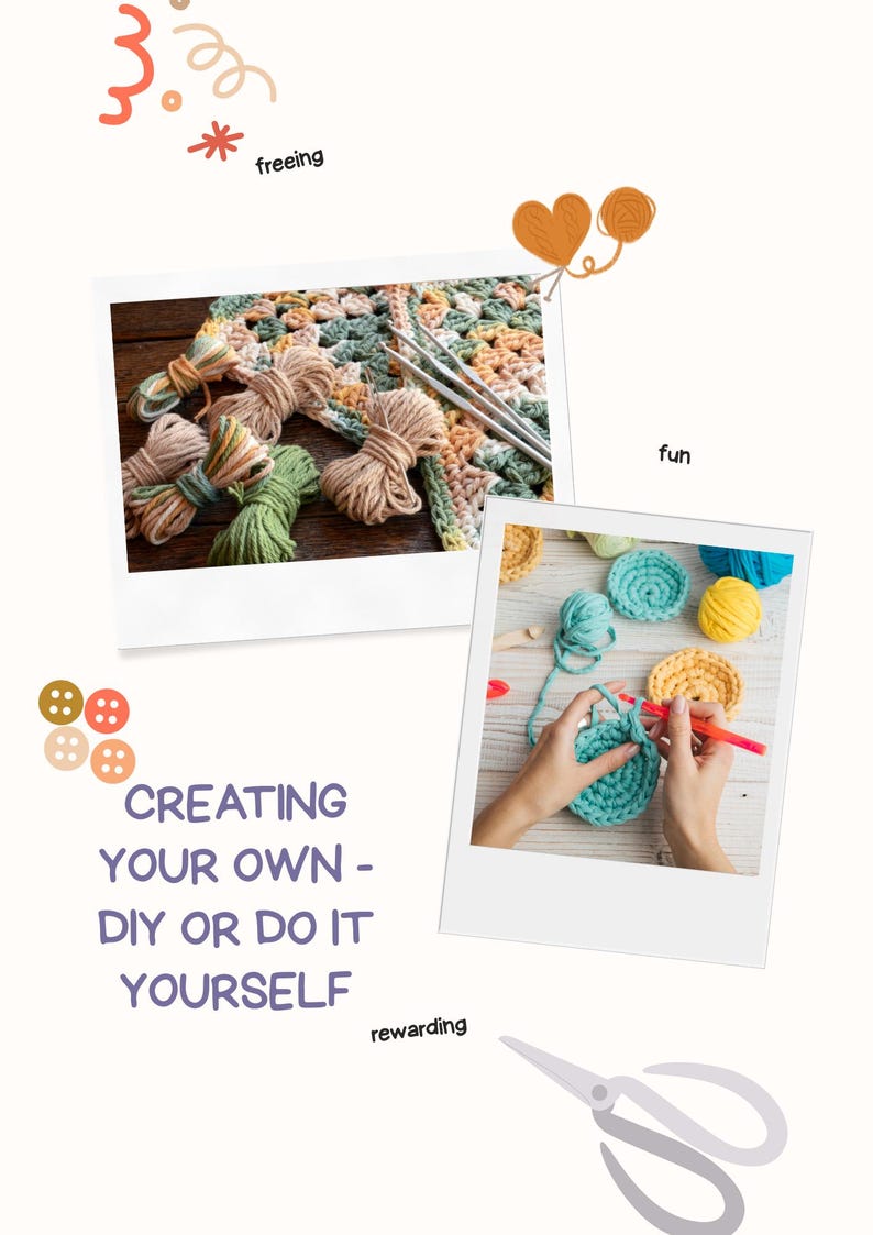 May include: Two photos of crochet projects. One shows yarn skeins and crochet hooks. The other shows hands crocheting a blue circle. Text reads "CREATING YOUR OWN - DIY OR DO IT YOURSELF".