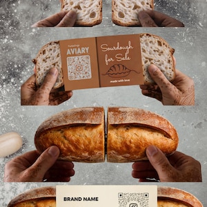 Puede incluir: Rebanadas de pan de masa madre con corteza dorada e interior aireado. La imagen incluye una etiqueta que dice "Sourdough for Sale" y un código QR. El pan se sostiene con las manos sobre un fondo gris. También se ven la marca y el logotipo.