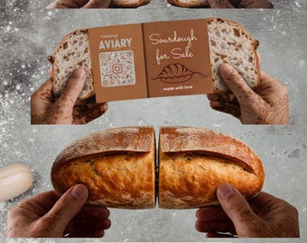 May include: Sourdough bread, sliced to reveal the texture, with a golden crust. The image includes a label that says "Sourdough for Sale" and a QR code. The bread is held in hands against a grey background. The brand name and logo are also visible.