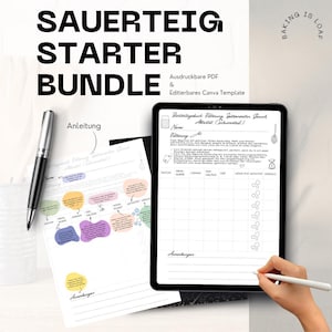 Könnte beinhalten: Ein Sauerteig-Starter-Bundle mit dem Text "SAUERTEIG STARTER BUNDLE". Das Bundle enthält eine gedruckte Anleitung und ein Tablet mit einem Fütterungsprotokoll. Ein Stift liegt auf dem Papier. Für Backbegeisterte.