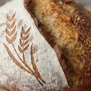 Könnte beinhalten: Ein runder Laib Sauerteigbrot mit einer goldbraunen, knusprigen Kruste und einem tiefen Schnitt an der Oberseite. Die Oberfläche ist mit weißem Mehl bestäubt und zeigt ein dekoratives, eingraviertes Motiv von zwei Weizenähren auf der linken Seite.