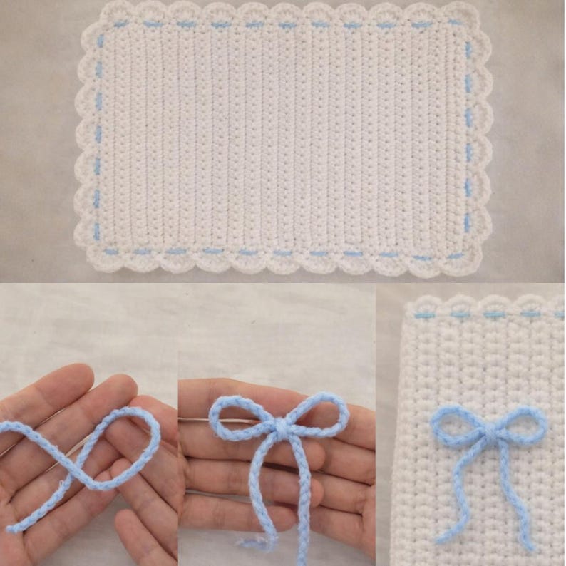 May include: A white crocheted rectangular mat with a scalloped edge and light blue detailing. The image also shows the process of creating a light blue yarn bow, and the bow attached to the mat.