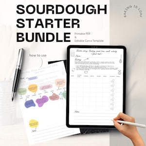 Könnte beinhalten: Ein Sauerteig-Starter-Bundle mit dem Text "SOURDOUGH STARTER BUNDLE". Das Bundle enthält ein druckbares PDF und eine editierbare Canva-Vorlage. Ein Stift und ein Tablet mit einem Sauerteig-Starter-Tagebuch sind ebenfalls sichtbar.