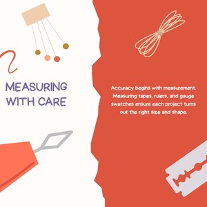 May include: An illustration with the text "MEASURING WITH CARE." It features a red and white color scheme with images of measuring tools, including a string, a razor blade, and a tool with a diamond-shaped end.