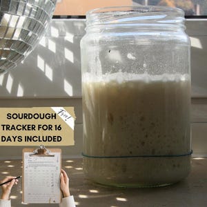 Könnte beinhalten: Ein klares Glasgefäß gefüllt mit einer hellen, sprudelnden Substanz, möglicherweise Sauerteigstarter. Ein blaues Gummiband umschließt das Glas. Ein Schild liest "Sourdough Tracker for 16 Days Included". Ein Klemmbrett mit einer Tabelle wird im Vordergrund gehalten.