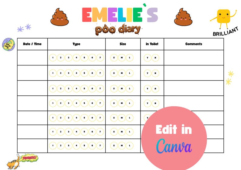 Printable Kids Potty Chart and Poo Diary - Fun Reward Tracker and Stool ...