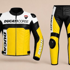 Może przedstawiać: Skórzana kurtka motocyklowa i pasujące spodnie w kolorach żółtym, czarnym i białym. Kurtka posiada logo Ducati Corse na piersi oraz napis Ducati na rękawach. Spodnie wyposażone są w czarne ochraniacze kolan oraz białe panele boczne z logo marki.