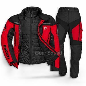 May include: A black and red motorcycle jacket and trousers set. The jacket features the word "Ducati" on the sleeve. The jacket and trousers have a quilted design and multiple pockets. The Ducati logo is visible on the jacket.
