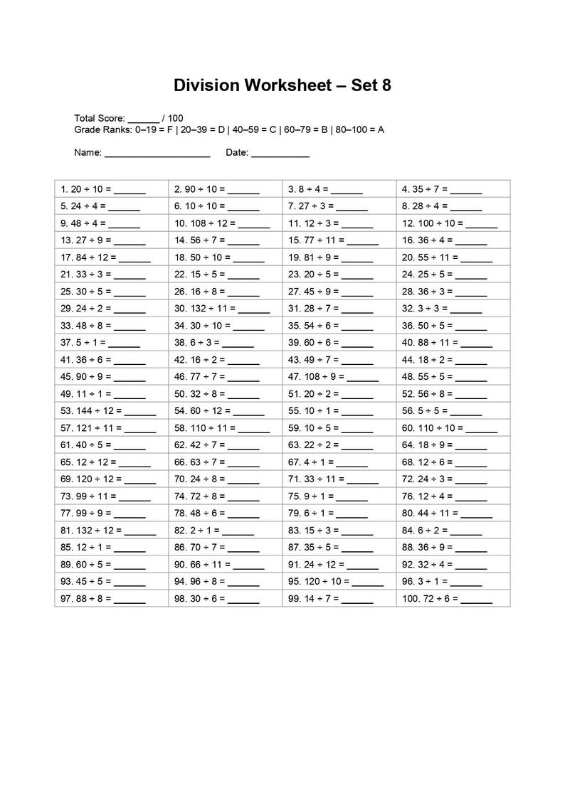 Two-digit Division Worksheet: 10 Sets of Problems (printable PDF) - Etsy