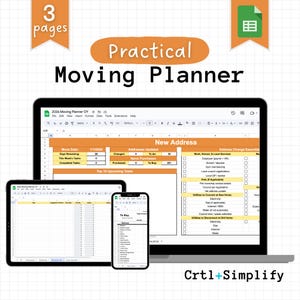 May include: A digital moving planner displayed on a laptop, tablet, and smartphone. The planner includes sections for new addresses, tasks, and a checklist. The words "Practical Moving Planner" are at the top, with "3 pages" in a banner.