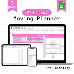 Op de afbeelding: Een digitale verhuisplanner weergegeven op een laptop, tablet en smartphone. De planner heeft een roze en wit kleurenschema en bevat secties voor adressen, taken en een checklist. De tekst "Practical Moving Planner" staat bovenaan.